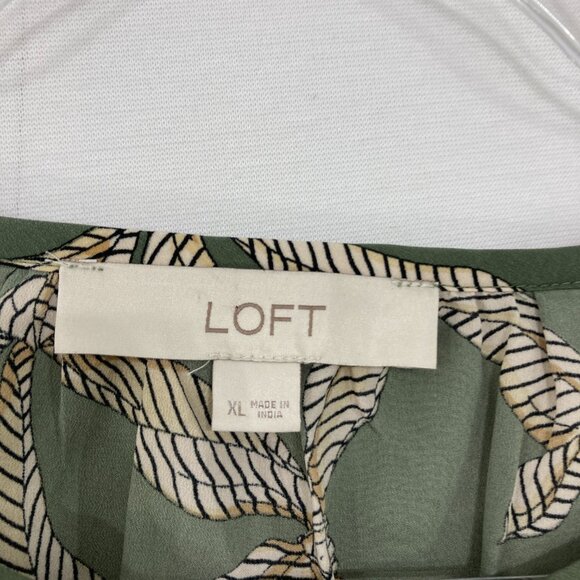 LOFT sz XL Green Tan Floral Abstract Balloon Sleeve Button Popover Blouse Office - Picture 2 of 9